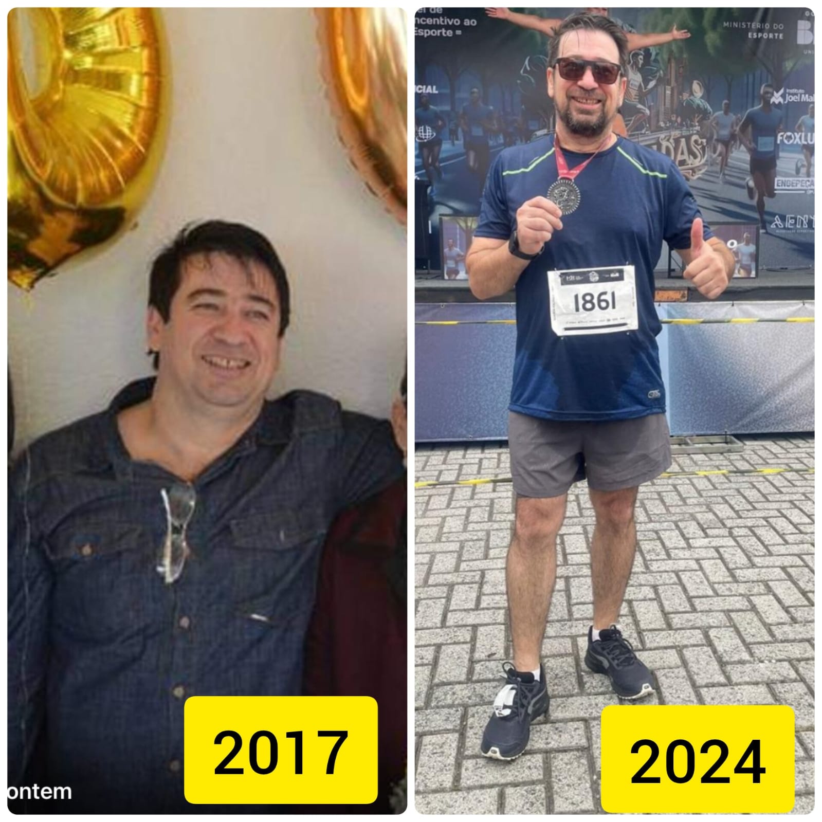 Aluno antes, em 2017, e depois, em 2024, com medalha de prova