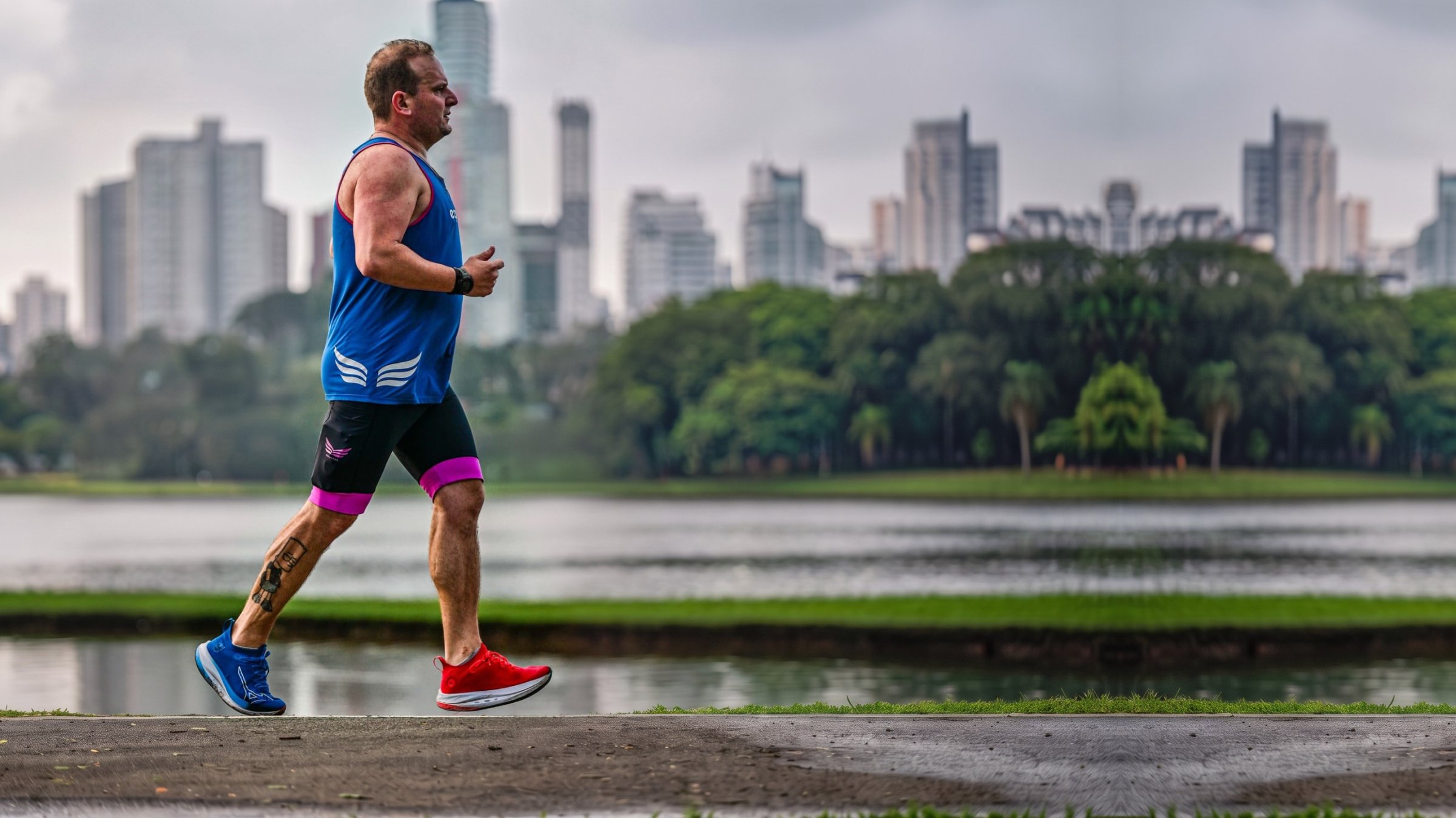 Prof. João Piazza correndo à beira do lago, em um parque de Curitiba